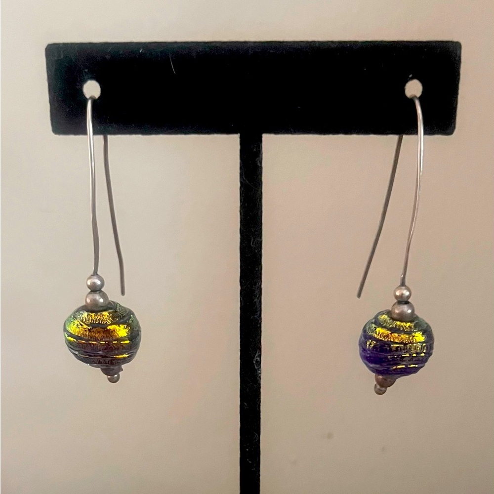 Artisan Gold/Purple Glass Bead 925 Sterling Silver Threaded Earrings, 2" Drop